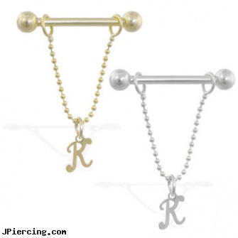 14K Gold nipple ring with dangling cursive initial K, 14 ga, real gold nose rings from india, gold belly button ring, gold opal belly button ring, non-pierce nipple rings, tia cameron nipple ring
