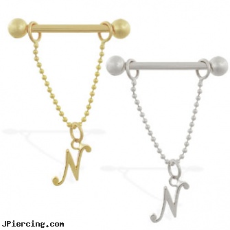14K Gold nipple ring with dangling cursive initial N, gold navel piercings, 14kt gold belly ring, belly rings gold, ladys nipple ring, how do nipple rings feel