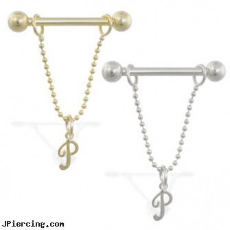 14K Gold nipple ring with dangling cursive initial P, 14 ga, solid gold tongue ring, fake gold nose ring, 14k gold diamond navel rings, piercing nipple, nipple ring care