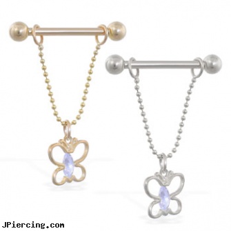 14K Gold nipple ring with dangling jeweled butterfly on chain, 14 ga, gold belly button rings on discount, 14k gold belly button rings jewelry, white gold belly button ring, nipple piercing-male, pierced and nipple rings and 01