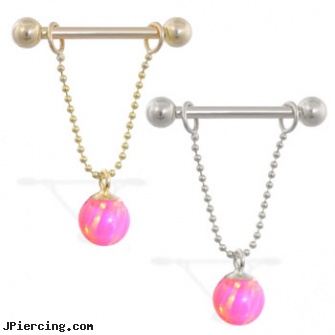 14K Gold nipple ring with dangling pink opal ball on chain, 14 ga, gold crystal belly button ring, gold belly button rings, 14k gold nipple ring, pics of infected nipple piercings, britney spears nipple piercing