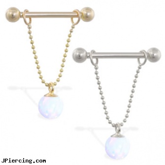 14K Gold nipple ring with dangling white opal ball on chain, 14 ga, gold cock rings, 14k gold body jewelry, gold tongue rings, christina aguilera nipple piercing pictures, nipple piercing risks