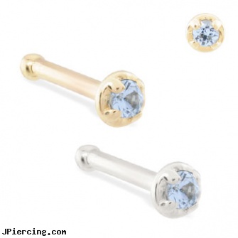 14K Gold nose bone with 1.5mm aquamarine gem, 14 kt white gold belly button rings, 18k gold belly ring, navel jewelry gold, nose piercing safety, stainless steel nose rings