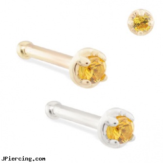 14K Gold nose bone with 1.5mm citrine gem, wholesale 14k gold belly ring, gold playboy bunny belly button rings, solid gold tongue rings, how to change nose piercing, picture nose piercing