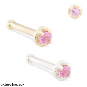 14K Gold nose bone with 1.5mm pink tourmaline gem, gold piercing, harley davidson gold navel rings, gold mermaid body jewelry, large nose ring, piercing with nose screw