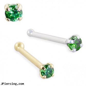 14K Gold Nose Bone with 1.5mm Round Emerald CZ, 22 Ga, nose ring gold diamond india, nipple rings gold, gold piercing, how to care for nose piercings, hook nose rings
