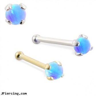 14K Gold Nose Bone with 2mm Round Blue Opal, 14k gold plated belly button navel ring, real gold nipple rings, golden retriever belly button rings, nose piercing pictures, nose ring packages