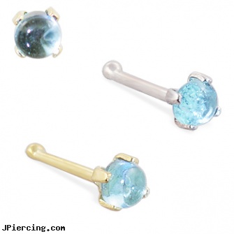 14K Gold Nose Bone with 2mm Round Cabochon Aquamarine, nipple rings gold, gold labret, gold pierced nipple jewelry, nose piercing faq, nose piercing in georgia