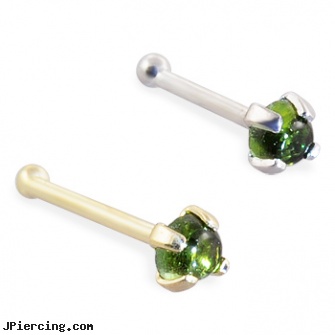 14K Gold Nose Bone with 2mm Round Cabochon Green Tourmaline, 22 Ga, 14 katet gold belly ring, india nose pin nose stud nose ring gold diamond retail, 14k gold navel rings, shaped nose pins at wholesale, long nose piercing pin