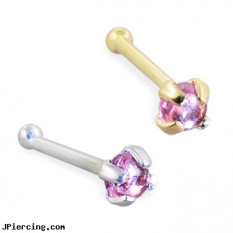14K Gold Nose Bone with 2mm Round Cabochon Pink Tourmaline, 14kt gold body jewlry, 14k gold captive bead ring, gold nipple piercing rings, nose navel tongue rings playboy, pnk nose piercing