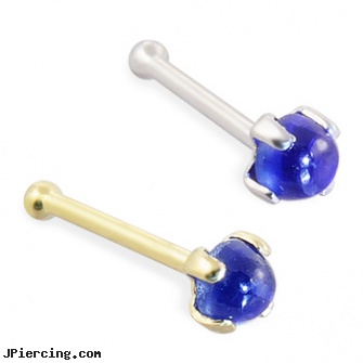 14K Gold Nose Bone with 2mm Round Cabochon Sapphire, 14 kt white gold belly button rings, bannana belly ring discount gold, white gold top down navel rings, nose rings from bharat, nose diamond piercings