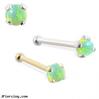 14K Gold Nose Bone with 2mm Round Green Opal, sexual gold charms, white gold belly button rings, gold plated belly button rings, nose piercing after care, african nose piercings