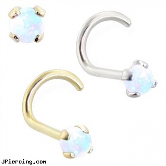 14K Gold Nose Bone with 2mm Round White Opal, gold genital jewelry, yellow gold diamond nose ring, 14 kt gold plated belly button navel ring, women with nose rings, 16 gauge nose screw