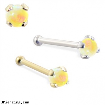 14K Gold Nose Bone with 2mm Round Yellow Opal, hot candy 14kt gold belly rings, 14 katet gold belly ring, gold jeweled labret ring, nose piercing jewelry, noseand eyebrow piercing
