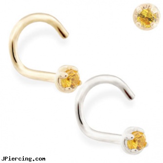 14K Gold nose screw with 1.5mm Citrine gem, non piercing gold nipple jewelry nipple rings, solid gold navel rings, solid gold navel jewelry, unique nose rings, canada nose screw