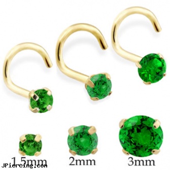 14K Gold Nose Screw With Round Emerald, gold navel rings, gold diamond nose stud ring, 14k gold plated belly button navel ring, muslim women and nose piercings, nose piercing movies