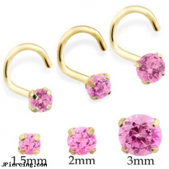 14K Gold Nose Screw With Round Pink Tourmaline, nose ring gold diamond india, gold nipple stirrups jewelry, 14k gold plated belly button navel ring, nosebleed and nose piercing, flesh colored nose ring