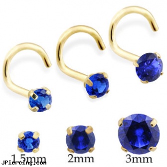 14K Gold Nose Screw With Round Sapphire, 22 gold nose rings, 14k gold diamond nose piercing, gold body piercing jewelry, male nose piercing, nose piercing painful