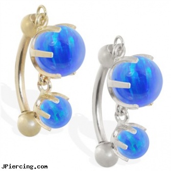 14K Gold reversed belly ring with double Blue opal dangle, gold body jewelry wholesale, ear cuff jewelry gold, 14kt gold belly ring, reversed celtic navel ring, reversed navel piercing gallery