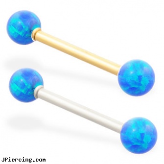 14K Gold straight barbell with Blue opal balls, 14k gold nipple ring, gold tongue jewelry, sexual gold charms, straight onyx plugs, straight nose stud