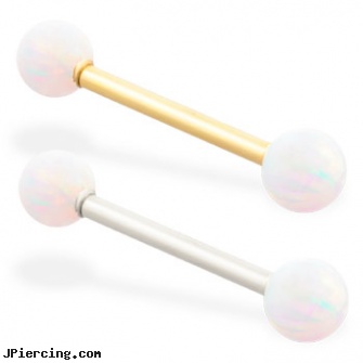 14K Gold straight barbell with White opal balls, gold gem nose screw, 14k gold plated belly button navel ring, 14 kt white gold belly button rings, internally threaded straight barbells, straight onyx plugs