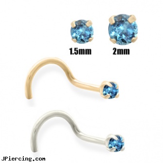 14K Gold Teal Blue Diamond Nose Screw, white gold belly button ring, 14k gold belly ring, gold navel piercings, navel jewelry surgical stainless steal internal thread, black and blue titainum tongue rings