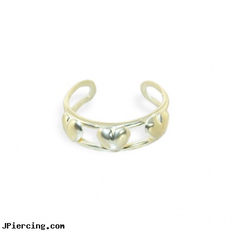 14K Gold toe ring with three hearts, bannana belly ring discount gold, gold body piercing jewelry, gold nipple piercing rings, flexable tongue rings, belly ring info