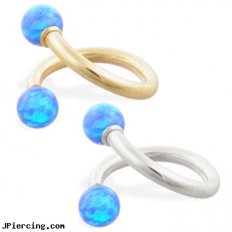 14K Gold twister barbell with Blue opal balls , 14ga, ear cuff jewelry gold, gold belly button jewelry, 14k gold navel jewelry, twister tongue rings, navel ring starter twister wholesale