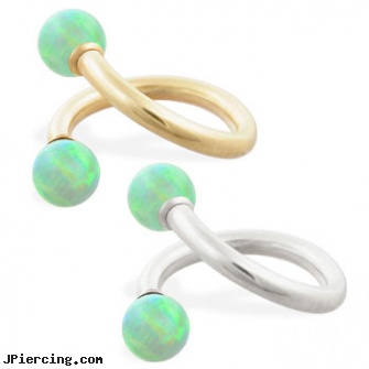14K Gold twister barbell with Green opal balls , 14ga, pierced cock rings gold, nipple rings and gold, gold nose stud, twister tongue rings, navel ring starter twister wholesale