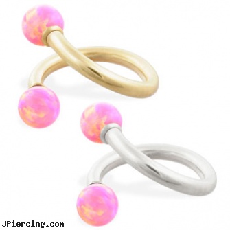 14K Gold twister barbell with Pink opal balls , 14ga, non piercing gold nipple jewelry nipple rings, pircing gold, 14k gold plated belly button navel ring, twister tongue rings, rainbow twister belly ring