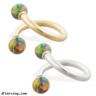 14K Gold twister barbell with Rainbow opal balls , 14ga, solid gold tongue rings, gold belly button rings, 14k gold navel jewelry, rainbow twister belly ring, navel ring starter twister wholesale