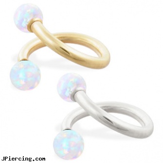 14K Gold twister barbell with White opal balls , 14ga, 14 karet gold navel rings, nipple rings gold, white gold nose pin, rainbow twister belly ring, twister tongue rings