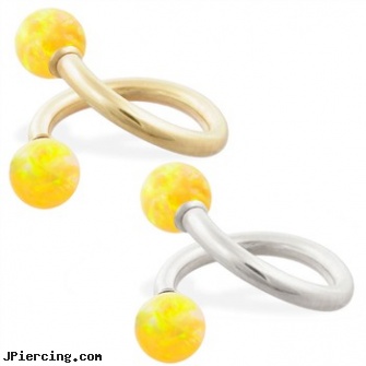 14K Gold twister barbell with Yellow opal balls , 14ga, gold plated straight barbell eyebrow jewelry, gold eyebrow jewelry, gold bellybutton rings, rainbow twister belly ring, twister tongue rings