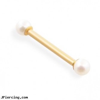 14K Real Gold Industrial Barbell With Pearls, real diamond navel jewelry, real gold nipple rings, real gold nose rings from india, gold pierced belly button jewelry, gold pictures