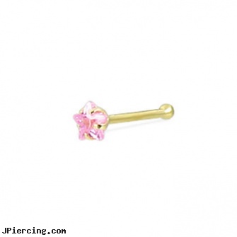 14K Real Yellow Gold Nose Bone With Star-Shaped CZ, 20 Ga, real diamond labret, real gold nose rings from india, real diamond navel rings, yellow gold diamond nose ring, gold cock ring
