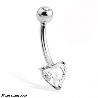 14K White Gold Belly Button Ring with Heart-Shaped Stone And Jeweled Top Ball, after tongue piercing white coat on tongue, nose screw white gold, white gold belly ring, gold nipple stirrups jewelry, 14k gold belly button rings jewelry