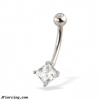 14K White Gold Belly Ring with Square Gem, 14 kt white gold belly button rings, white tounge piercing, white gold belly rings, gold body jewelry, solid gold belly button ring