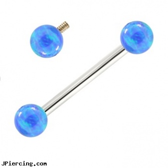 14K White Gold Internally Threaded Straight Barbell With Blue Opals, 14 kt white gold belly button rings, white gold navel ring, after tongue piercing white coat on tongue, 22 gold nose rings, gold eyebrow ring
