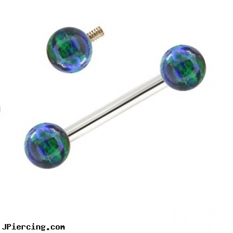 14K White Gold Internally Threaded Straight Barbell With Bluegreen Opals, white gold navel ring, white gold body jewelry, white gold top down navel rings, gold mermaid belly rings, gold navel jewelry