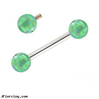 14K White Gold Internally Threaded Straight Barbell With Green Opals, white gold body jewelry, 14 kt white gold belly button rings, white gold navel ring, gold nose rings from pakistan, gold belly button ring
