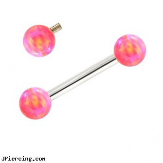 14K White Gold Internally Threaded Straight Barbell With Pink Opals, white layer on tongue piercing, white gold body jewelry, 14 kt white gold belly button rings, non piercing gold nipple jewelry nipple rings, gold body jewelry earrings