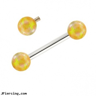 14K White Gold Internally Threaded Straight Barbell With Yellow Opals, white gold navel ring, white gold top down navel rings, white pride tongue ring, gold gem nose screw, gold nautical body jewelry
