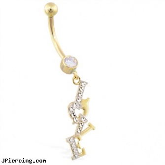 14K Yellow And White Gold Belly Ring with Dangling \"LOVE\" Charm, yellow gold diamond nose ring, white gold nose pin, white gold belly button ring, white gold navel ring, gold hoop earrings body jewelry