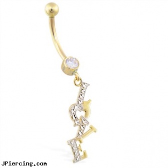 14K Yellow And White Gold Belly Ring with Dangling \"LOVE\" Charm, yellow gold diamond nose ring, white gold nose pin, white gold belly button ring, white gold navel ring, gold hoop earrings body jewelry