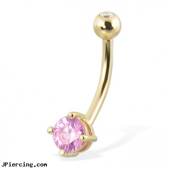 14K Yellow Gold Belly Button Ring With Round Pink CZ And Jeweled Top Ball, yellow gold diamond nose ring, 14 kt gold plated belly button navel ring, hot candy 14kt gold belly rings, solid gold belly button ring, belly button percing