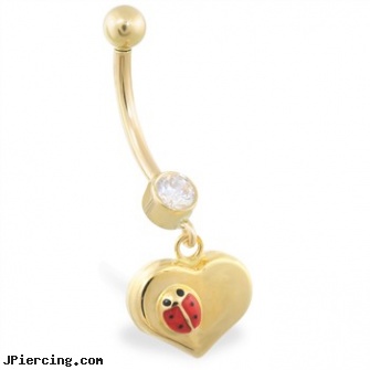 14K Yellow Gold belly ring with dangling heart and ladybug, yellow gold diamond nose ring, navel jewelry gold, 14 kt gold plated belly button navel ring, gold piercing jewelry, when belly button piercing go wrong