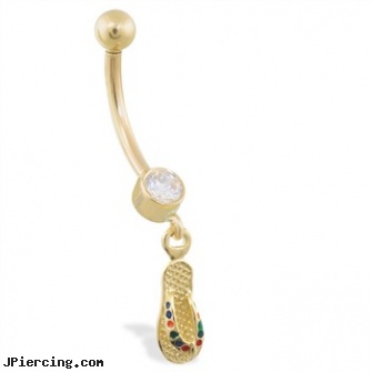 14K Yellow Gold belly ring with dangling multi-colored flipflop, yellow gold diamond nose ring, solid gold belly button ring, 14 katet gold belly ring, gold piercing, free belly button rings