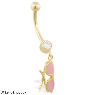 14K Yellow Gold belly ring with dangling pink enameled glasses, yellow gold diamond nose ring, 14k gold body jewelry, gold navel ring, solid gold body jewelry, what belly button rings are
