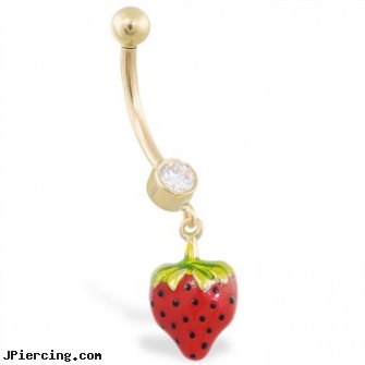 14K Yellow Gold belly ring with dangling strawberry, yellow gold diamond nose ring, gold navel ring, gold talon body jewelry, gold belly jewelry, bellybutton percings