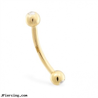 14K yellow gold curved barbell with clear CZ jeweled balls, 16 ga, yellow gold diamond nose ring, nose ring gold diamond india, gold navel rings, 18k 14k gold horseshoe body jewelry, curved spike labret jewlery